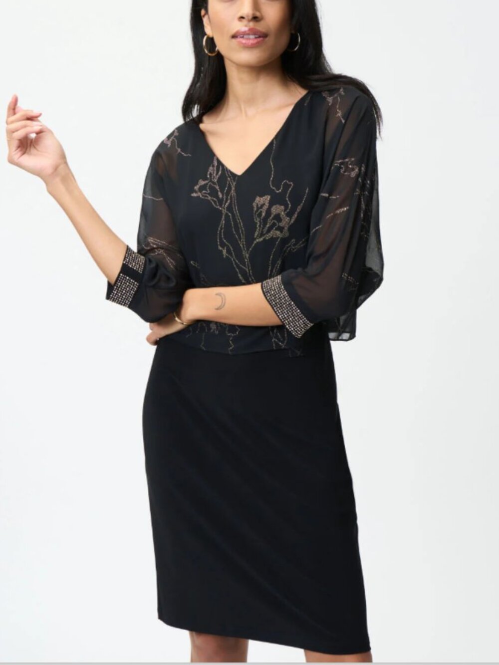 NWT! Joseph Ribkoff Black Gold Dress Size 14 Rhinestones Sleeves Ret $311